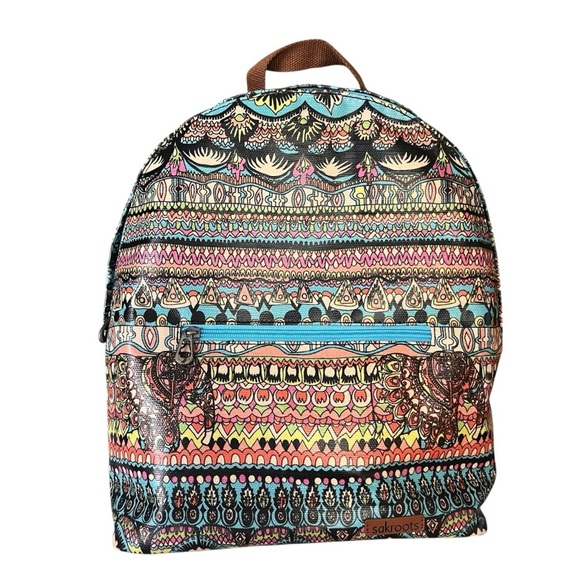 New SAKROOTS Multicolor Aqua Coated Canvas Large Rockaway Cargo Backpack Boho main image 9